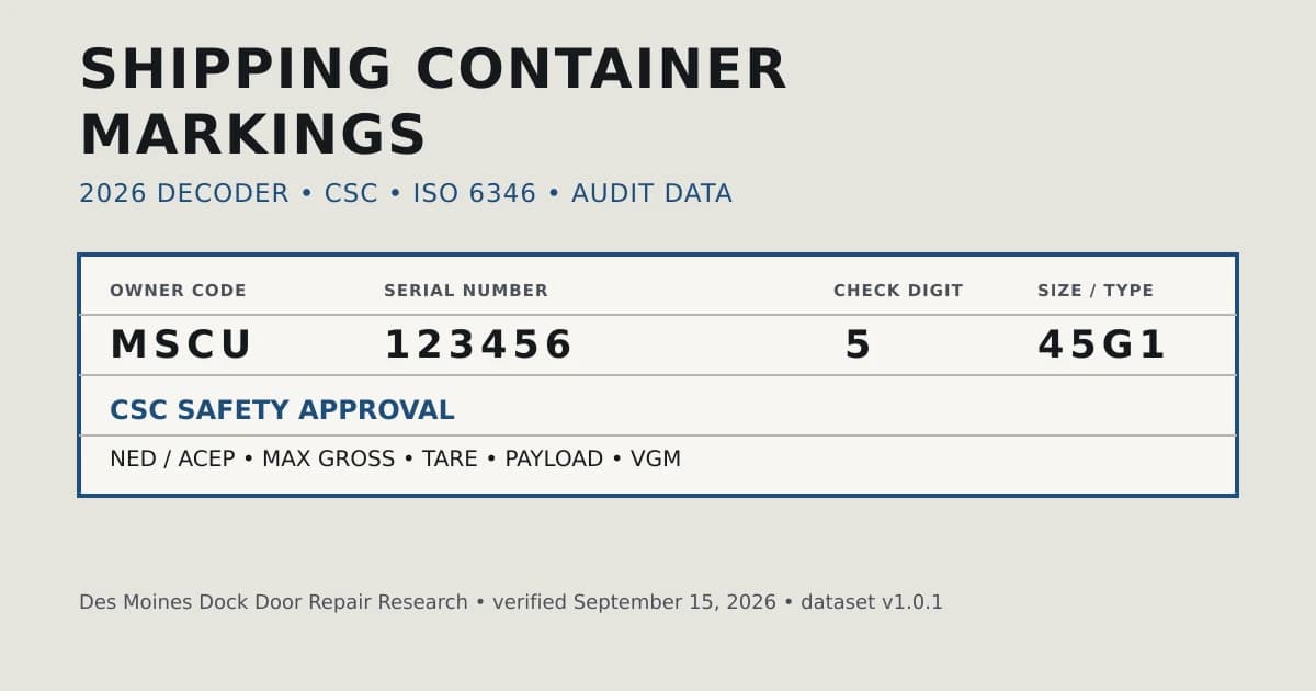 Shipping container markings decoder showing an owner code, serial number, check digit, size and type code, and CSC plate